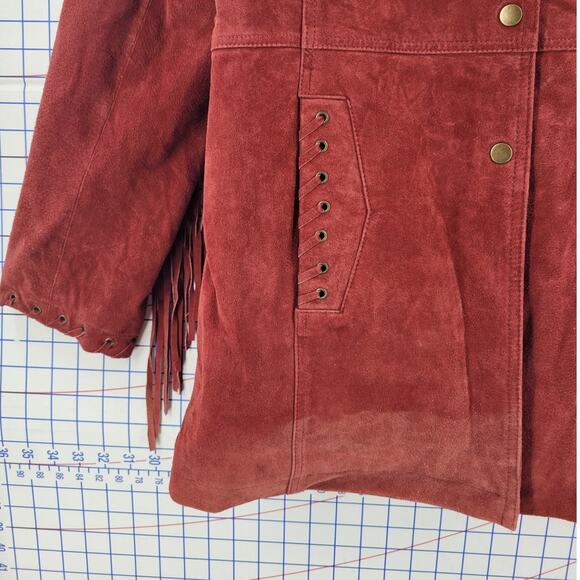 Maroon Western Fringe Layer Cozy Lined Snap Jacket Vintage Chic Womens - Picture 8 of 16
